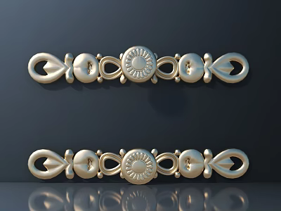 Pair of Golden Decorative Metal Fittings With Symmetrical Ornate Patterns And Circular Motifs 3d model