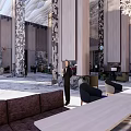 Luxurious Hotel Lobby Interior Design With Green Armchairs Patterned Carpet And Spiral Staircase