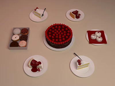 Delicious Assorted Desserts Including Chocolate Cake with Strawberries Sliced Cakes and Cookies 3d model