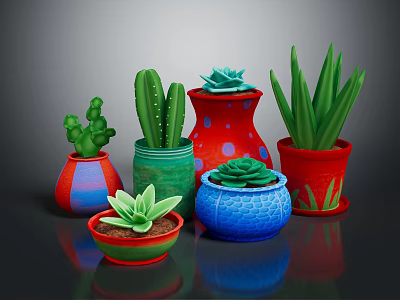 Colorful Succulent And Cactus Plants In Vibrant Decorative Pots With Various Designs 3d model