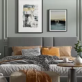 Modern Bedroom With Light Green Paneled Walls Framed Artworks Bedside Lamps And Soft Rug