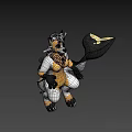 Animated Game Movie Character With Yellow White Fur Blue Eyes Green Collar And Black Paws
