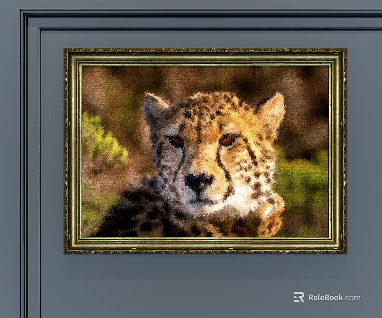 Detailed Cheetah Animal Painting With Golden Frame And Green Plant Background 3d model 