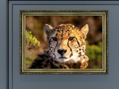Detailed Cheetah Animal Painting With Golden Frame And Green Plant Background 3d model