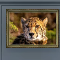 Detailed Cheetah Animal Painting With Golden Frame And Green Plant Background