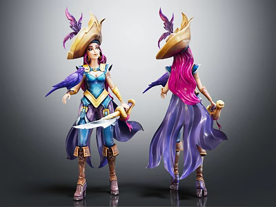 Dual Detailed Fantasy Character Figures With Feathered Hats Purple Pink Hair Swords And Golden Accents 3d model