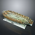 Ancient Wooden Shipwreck Model With Wooden Frame Remaining Planks And Clear Base