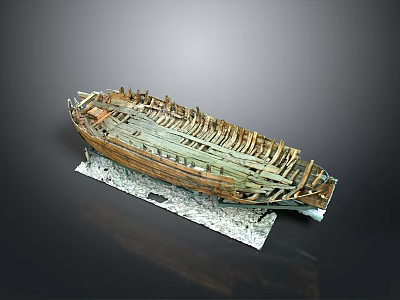 Ancient Wooden Shipwreck Model With Wooden Frame Remaining Planks And Clear Base 3d model