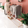 Elegant Golden Clothes Racks With Hanging Garments Shoes And Bags On Pink Wall