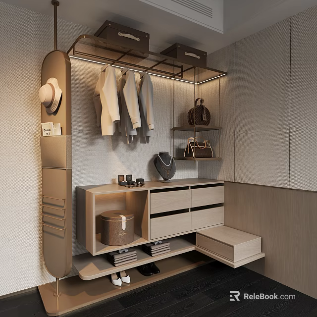 Modern Organized Wardrobe With Hanging Clothes Hat Bags Drawers Mirror And Storage 3d model 
