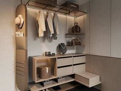 Modern Organized Wardrobe With Hanging Clothes Hat Bags Drawers Mirror And Storage 3d model