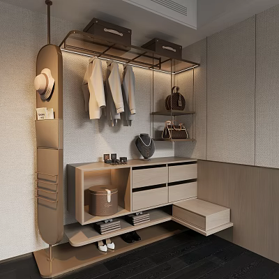 Modern Organized Wardrobe With Hanging Clothes Hat Bags Drawers Mirror And Storage 3d model