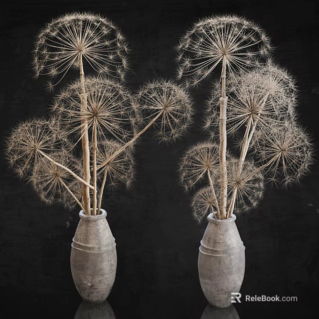 Two Concrete Gray Vases With Dried Dandelion Flowers Against Black Background 3d model 