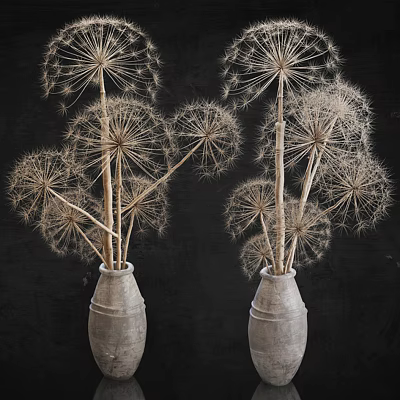 Two Concrete Gray Vases With Dried Dandelion Flowers Against Black Background 3d model