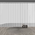 White Vertical Blinds on Large Window with Outdoor Greenery Wooden Floor and Round Woven Rug
