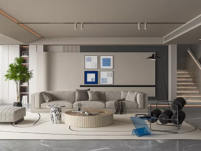 Modern Living Room Interior With Gray Sofa Round Coffee Table And Wall Art 3d model
