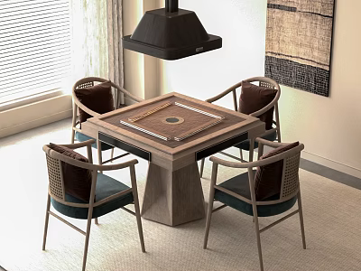 Modern Wooden Entertainment Table With Four Wicker Chairs And Decorative Painting In Room 3d model