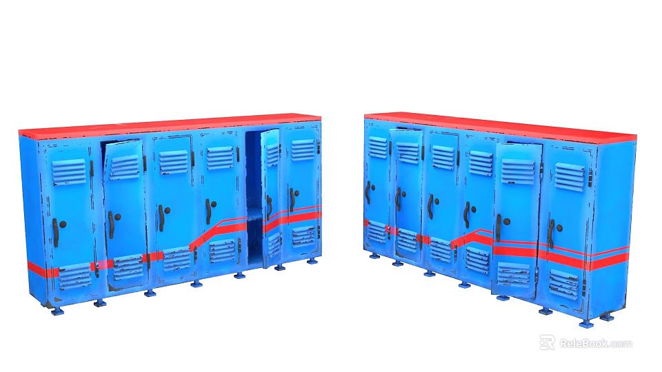 Blue Metal Storage Lockers With Red Trim And Open Doors For Organizing Space 3d model 
