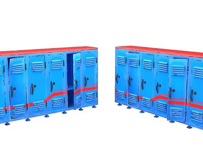 Blue Metal Storage Lockers With Red Trim And Open Doors For Organizing Space 3d model