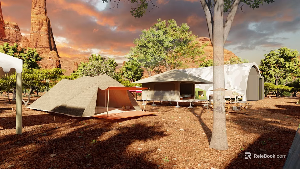 Outdoor Camping Tents in Red Rocks Area with Trees and Sunset Sky 3d model 