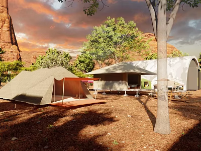 Outdoor Camping Tents in Red Rocks Area with Trees and Sunset Sky 3d model