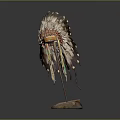 Traditional Feather Headdress With Colorful Decorations On Wooden Base For Home Decor