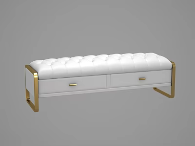 Elegant White Tufted Ottoman With Storage Drawers And Gold Metal Legs 3d model