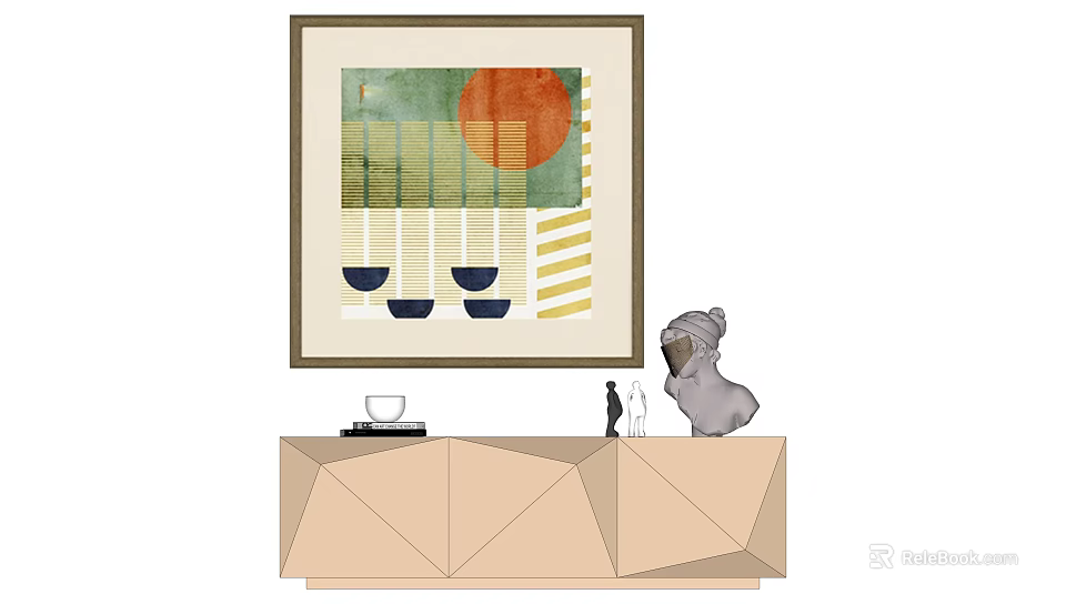 Stylish Room Decor With Geometric Sideboard Grey Koala Figurine And Wall Art 3d model 