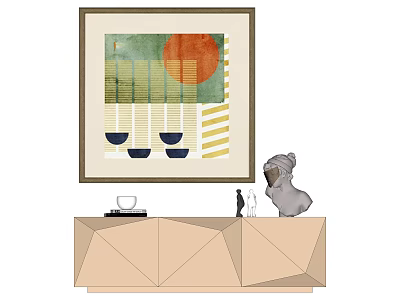 Stylish Room Decor With Geometric Sideboard Grey Koala Figurine And Wall Art 3d model