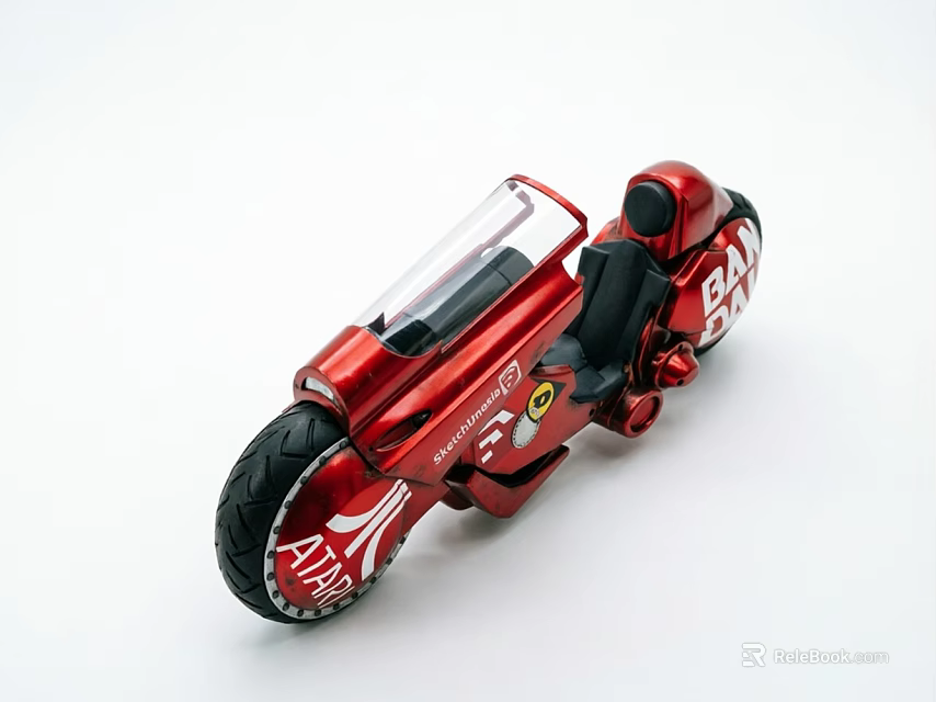 Red Motorcycle Model With Transparent Windshield Black Seat White Patterns On Wheels And BAY Lettering 3d model 