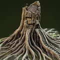 Tree House Architecture In Tree Trunk Structure With Spreading Roots Staircase And Lit Windows