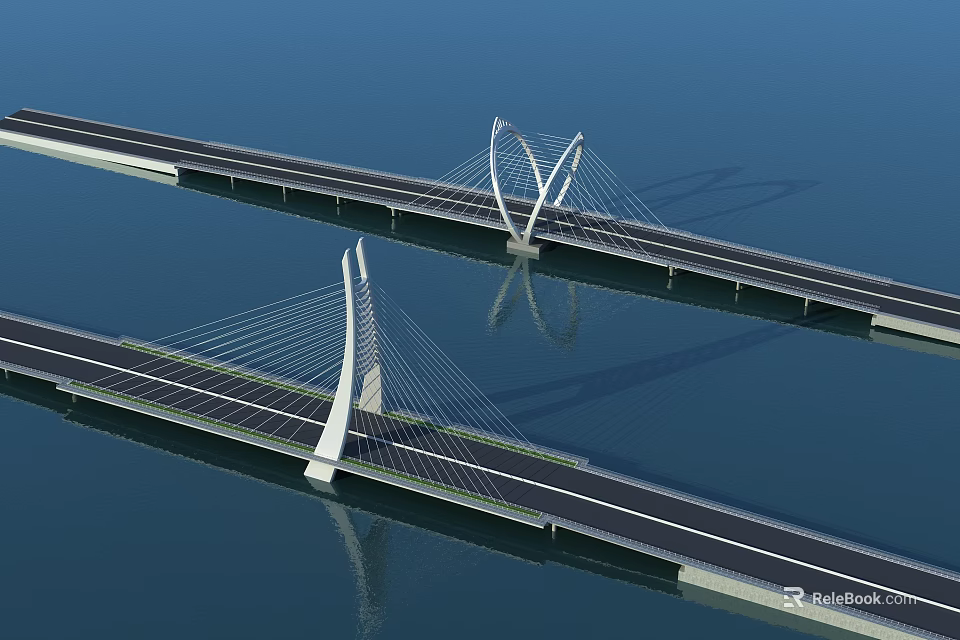 Modern Cable Stayed Bridge Over Water With Twin Towers And Reflections 3d model 