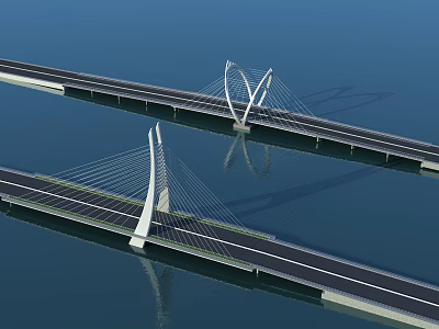 Modern Cable Stayed Bridge Over Water With Twin Towers And Reflections 3d model