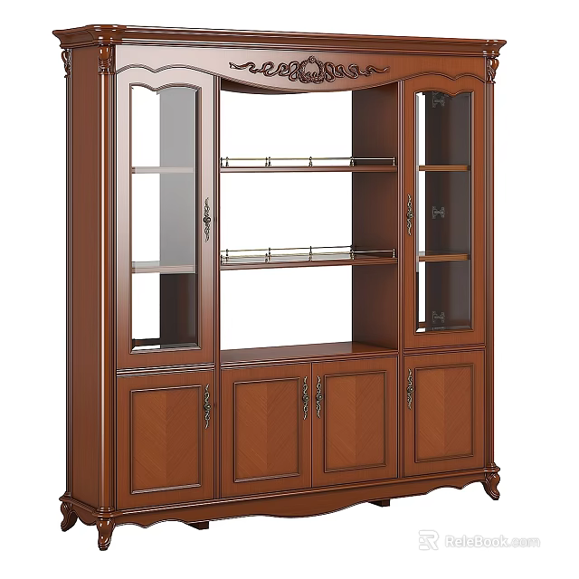 Traditional Wooden Wine Cabinet With Glass Doors Ornate Carved Design And Lower Storage 3d model 