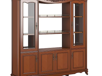 Traditional Wooden Wine Cabinet With Glass Doors Ornate Carved Design And Lower Storage 3d model