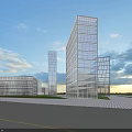 Modern Office Complex with Glass Facades Multiple Buildings and Blue Sky Background 3d model