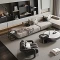 Modern Living Room Light Gray Sectional Sofa With Pillows Throw Blanket And Round Coffee Table