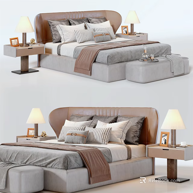 Modern Elegant Double Bed Interior With Upholstered Headboard Nightstands And Table Lamps 3d model