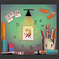 Vibrant Cartoon Craft Scene With Colorful Crayons Smiley Pen Holder Unicorn Drawing And Star Stickers