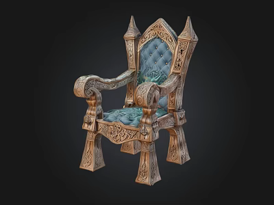 Ornate Throne Like Chair With Blue Upholstery And Carved Golden Frame 3d model