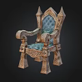 Ornate Throne Like Chair With Blue Upholstery And Carved Golden Frame