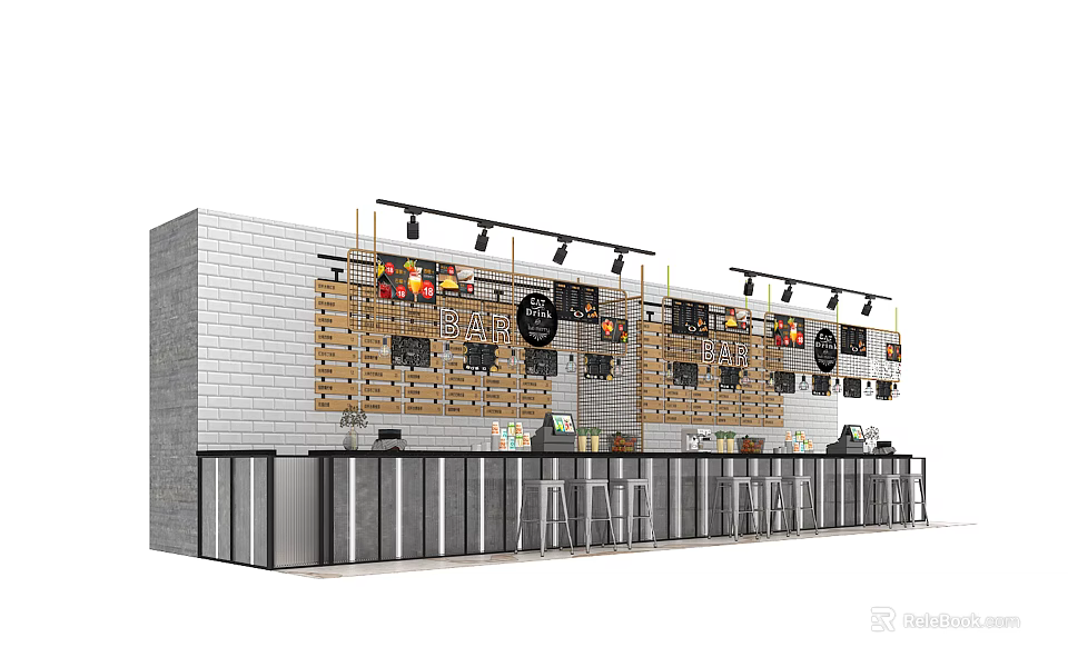 Modern Bar Counter Interior Design With Wooden Shelves Pendant Lights And Bar Stools 3d model 