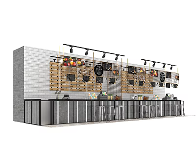 Modern Bar Counter Interior Design With Wooden Shelves Pendant Lights And Bar Stools 3d model