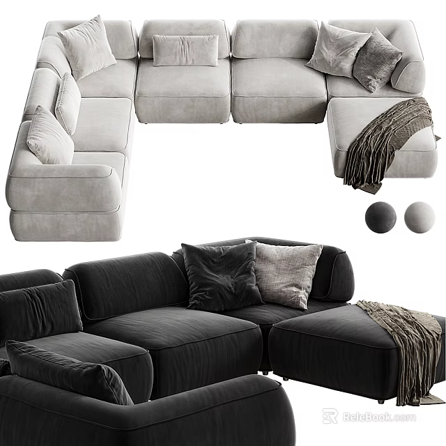 Light and Dark Gray Sectional Sofa with Pillows and Throw Blanket Modern Design 3d model 
