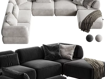 Light and Dark Gray Sectional Sofa with Pillows and Throw Blanket Modern Design 3d model