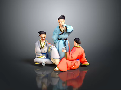 Three Men In Traditional Clothing Sitting Together Drinking Tea On Black Floor 3d model