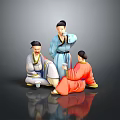 Three Men In Traditional Clothing Sitting Together Drinking Tea On Black Floor