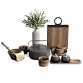 Stylish Tableware Set With Iron Pot Ceramic Bowls Wooden Cutting Board And Green Plants