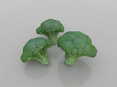 Three Fresh Green Broccoli Heads Placed On Smooth Gray Surface 3d model