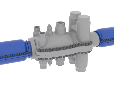 Industrial Equipment Featuring Multi Port Piping Connections Blue Gray Components and Bolted Structure 3d model